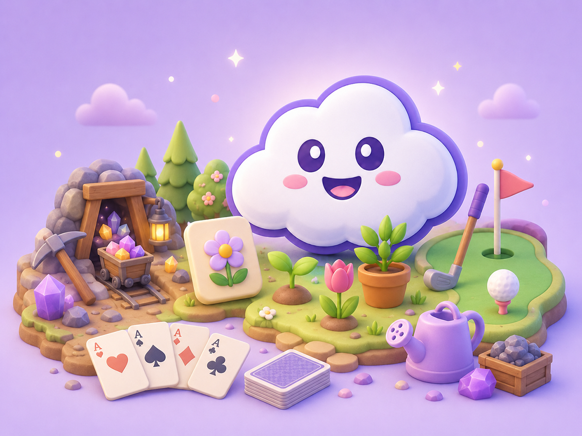 COZERU mascot surrounded by playful cozy game worlds